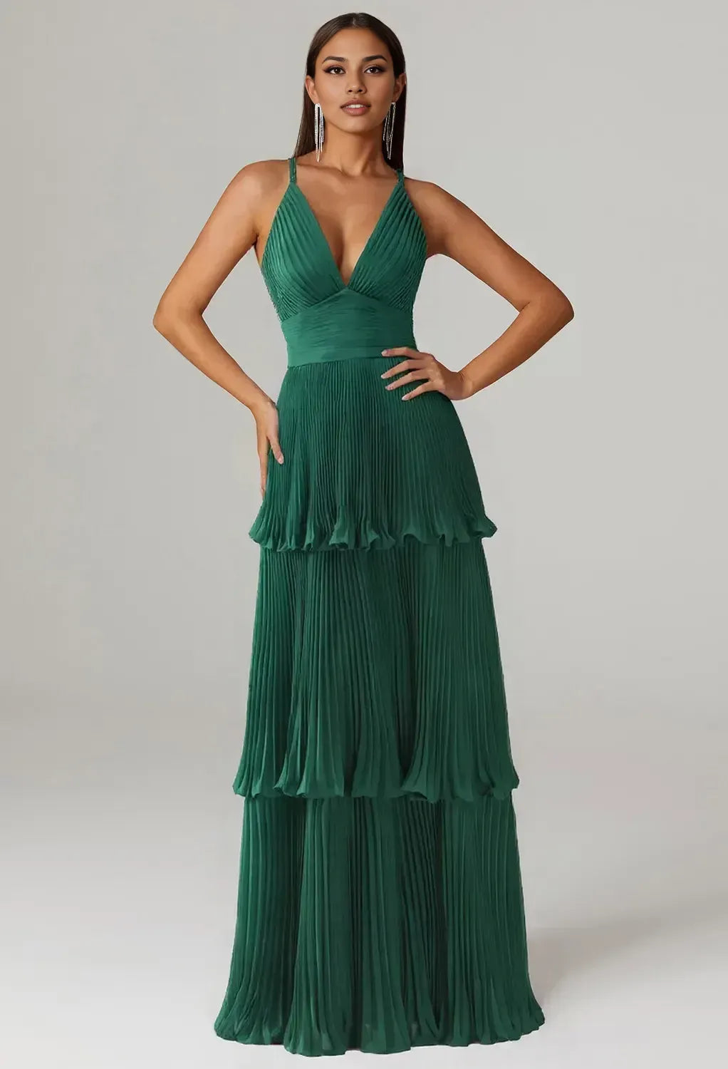 A-line V-Neck Spaghetti Straps Floor Length Evening Dresses Sleeveless Vintage Tiered Pleat Beautiful Floor Length Prom Dresses